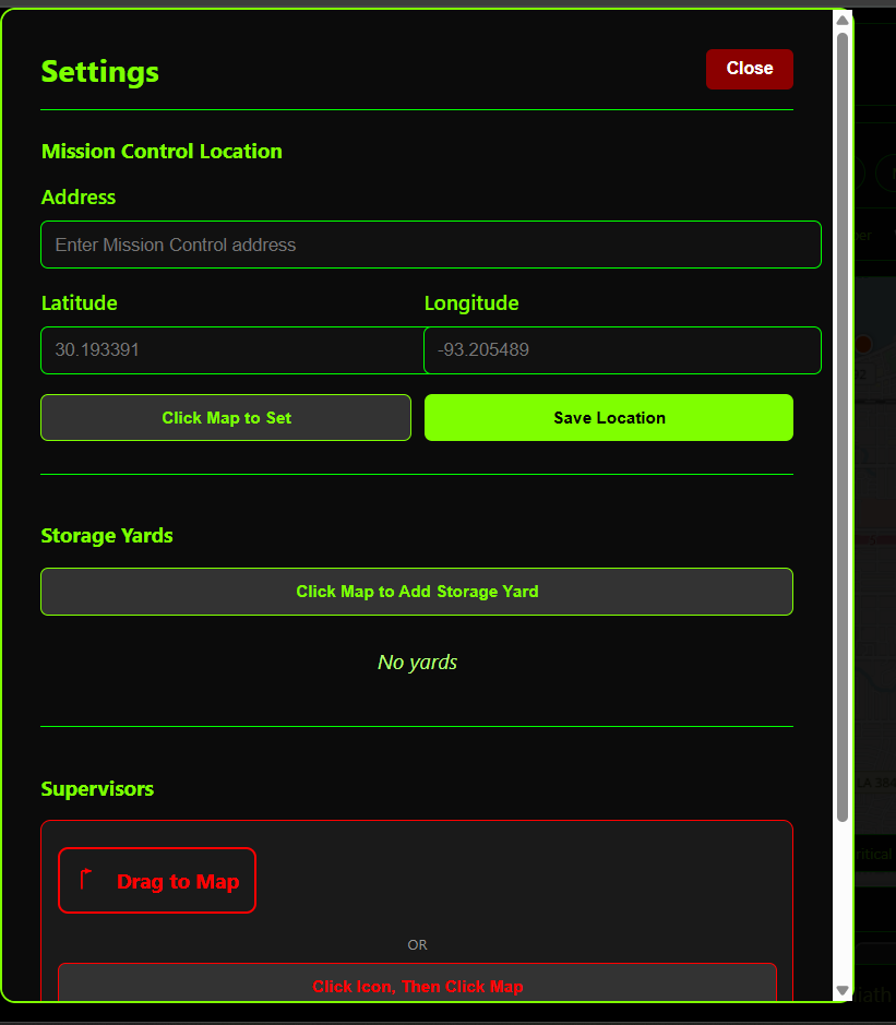 Settings – Mission Control Location